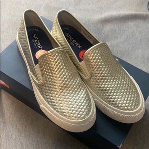 Sperry gold slip on sneaker